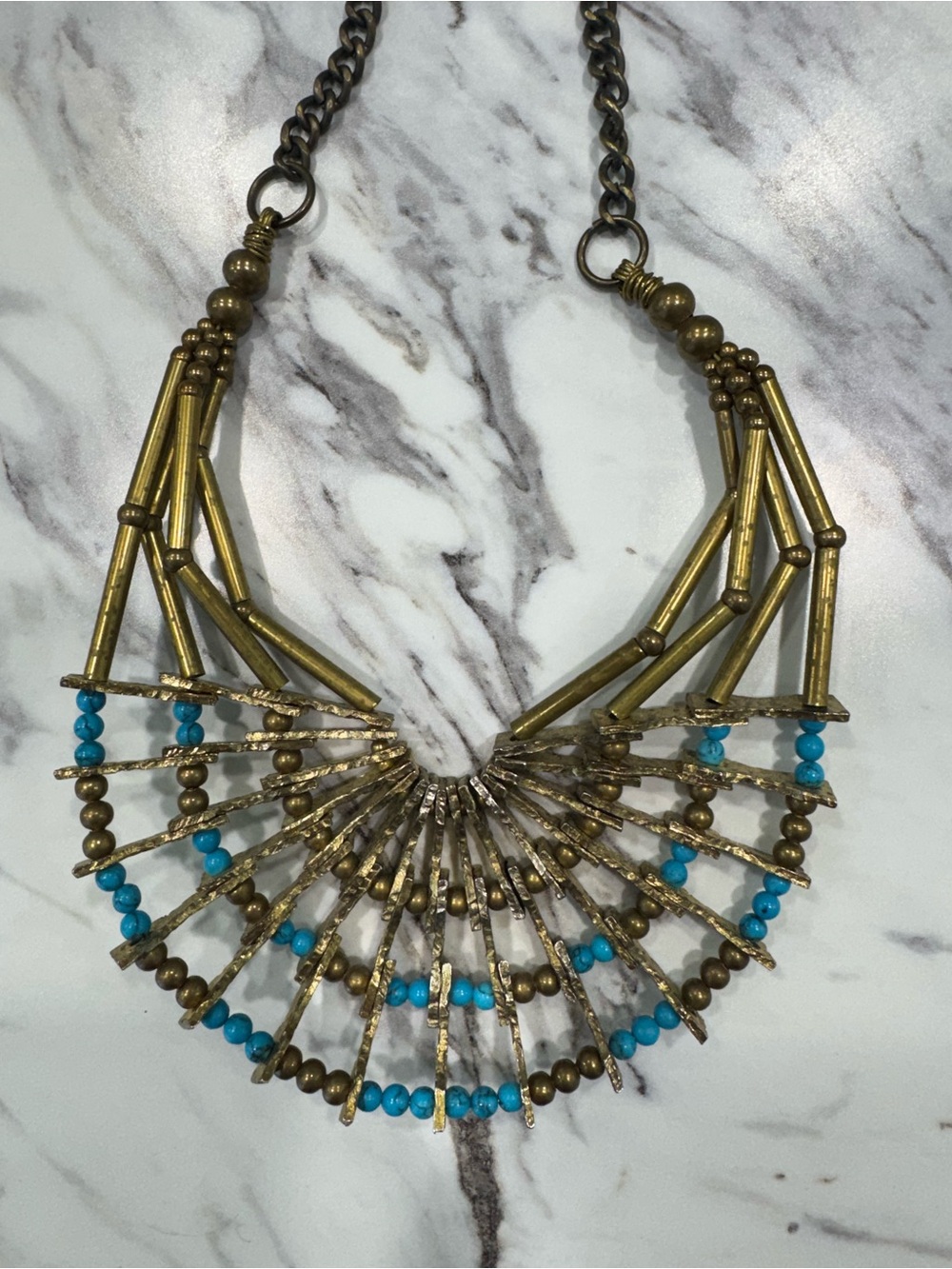 Anthropologie Turquoise and Antiqued Gold Fan Bib Necklace